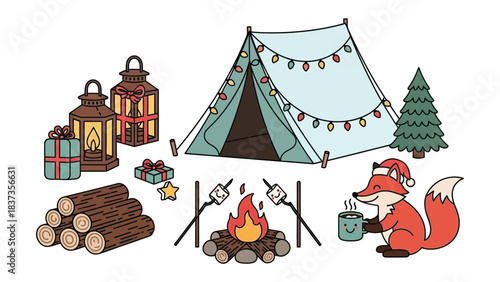 Cozy Camp Scene: A heartwarming illustrated campsite scene with a cheerful fox, adorned with holiday decorations.