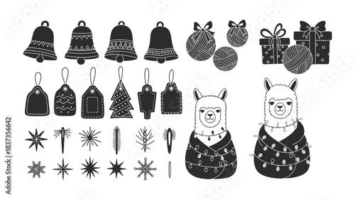 Holiday Decorations: A delightful array of festive ornaments including bells, tags, gift boxes, snow flakes, a Christmas tree, and llamas decked in lights.