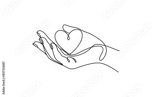 Continuous one line drawing of Hand holding a heart vector illustration isolated on transparent background