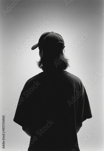 silhouette of a person with long hair and cap in black and white