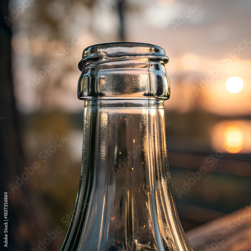 Close up of a clear glass bottle top against a sunset background