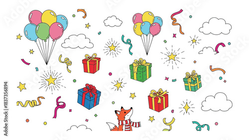 Joyful Festivities: A playful illustration brimming with balloons, presents, and cheerful ornaments, evoking a sense of celebration and delight.