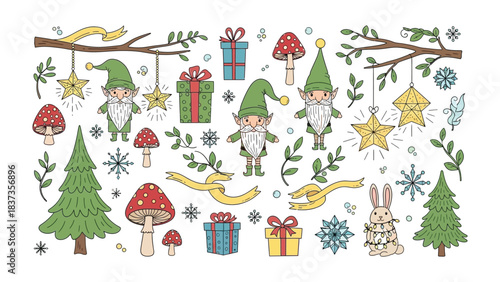 Whimsical Holiday Decorations: A collection of charming, hand-drawn illustrations featuring adorable gnomes, gift boxes, mushrooms, stars, snowflake, rabbit, and evergreen trees.
