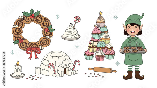Festive Delights: An array of charming Christmas treats adorn the scene, complete with a delightful elf ready to share the joy of the holidays. 