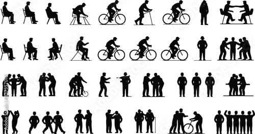 Human Silhouette Set — Sitting, Biking, Group Interactions — Solid Black Icons for Architecture, UI Design, Branding, and Infographics — Editable Vector Template