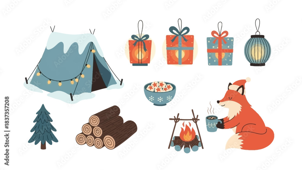 Fototapeta premium Whimsical Winter Scene: An enchanting illustration of a winter scene featuring a cozy tent, gift boxes, lanterns, a friendly fox, a crackling campfire, a Christmas tree, and a stack of logs.