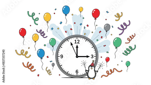 Tick-Tock Celebration: The clock is ticking toward a festive moment, surrounded by colorful balloons, celebratory confetti, and cheerful streamers, with a cute cartoon penguin reveling in the joy