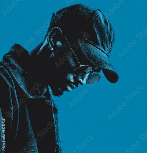 silhouette of a man with cap and glasses against blue background