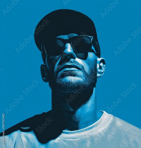 stylish man in white t-shirt and cap on blue background