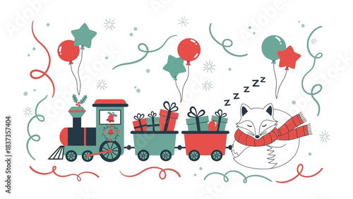 Festive Train Ride: A whimsical illustration of a charming train carrying gifts and a sleepy fox, evoking a sense of festive cheer and anticipation.