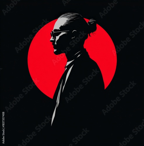 silhouette of person in glasses standing in front of a vibrant red circle