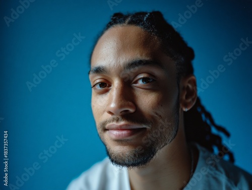 Man with dreadlocks and beard, smiling against a vibrant blue background
