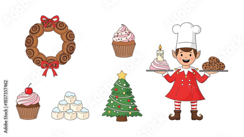 Sweet Delights: A cheerful elf presents an array of delicious treats, including cupcakes, cookies, and a festive Christmas tree, each adorned with tempting details, perfect for holiday indulgence.
