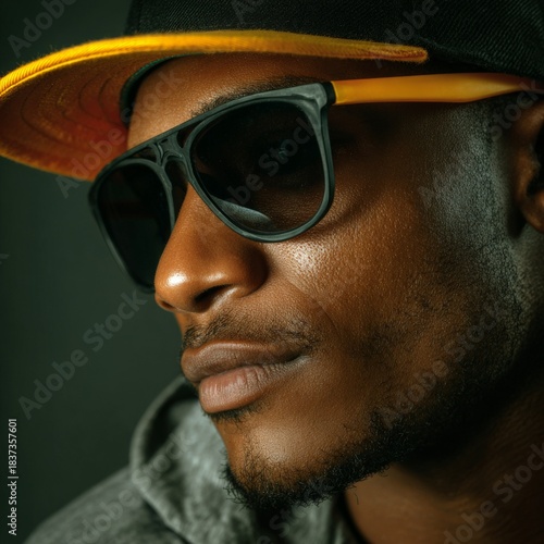 close-up portrait of a man in sunglasses and a yellow brim hat, detailed facial features