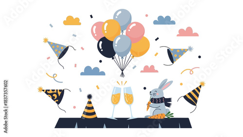Festive Celebration: Animated Illustration of a cheerful celebration, featuring a bouquet of vibrant balloons and elements of joy, perfectly captured for festive occasions.