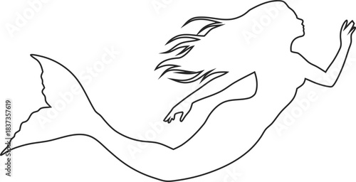 Fantasy mermaid outline icon in smooth vector lines, great for children’s designs and fairy-tale themes.