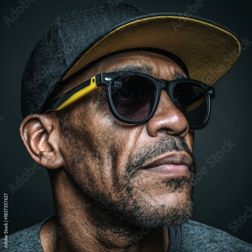 close-up of a man wearing a hat and sunglasses