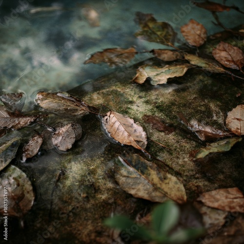 fallen leaves on rock near water transparent background