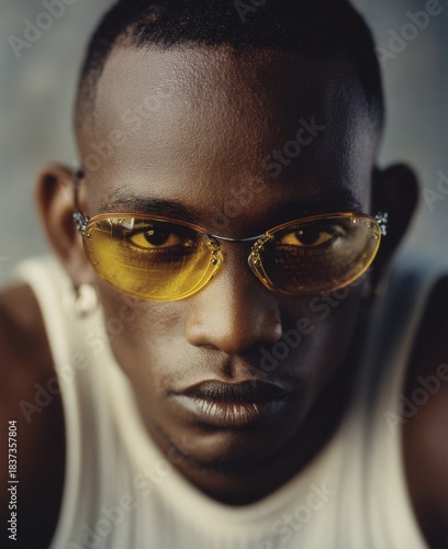 close-up of man wearing yellow sunglasses and white tank top