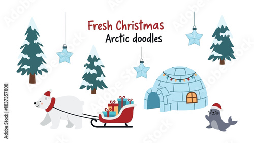 Fresh Christmas Arctic Doodles: Whimsical illustrations capture the essence of the season with polar bear, decorated trees, igloo, and festive decorations, celebrating winter and the holidays.