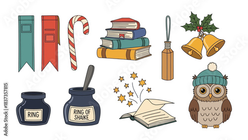 Festive Reading Nook: A charming illustration featuring literary essentials, holiday delights, and whimsical owl elements that conjure the warmth and joy of a cozy holiday season.
