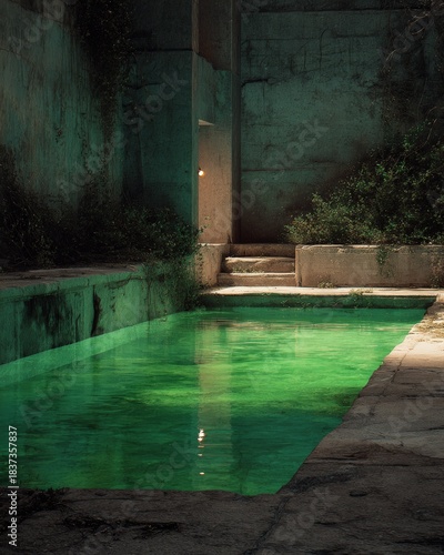 abandoned pool with green water and concrete walls