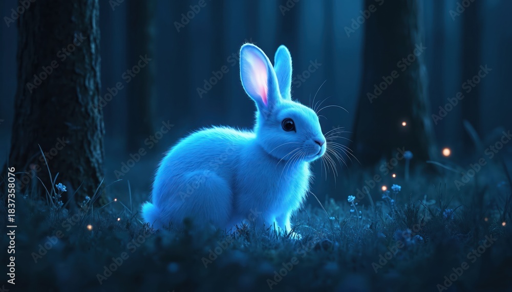 Obraz premium Illustration of a luminous blue rabbit in forest setting. Digital art shows magical animal in mystical scene. Fantasy creature glows in a woodland with trees