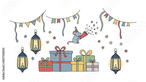 Party Celebration: A delightful illustration of a festive celebration, featuring a cute mouse amidst gift boxes, garlands, lanterns, and stars. It's a whimsical scene of joy and merriment.
