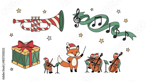 Holiday Musical Ensemble: A delightful festive scene unfolds, with a charming fox conductor leading a merry orchestra of musical instruments, a vibrant holiday gift.