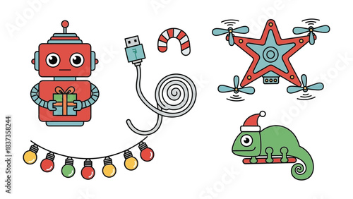 Festive Collection of Christmas Icons: An assortment of cheerful elements, perfectly capturing the spirit of Christmas, from a friendly robot with a present to a charming chameleon wearing Santa hat.