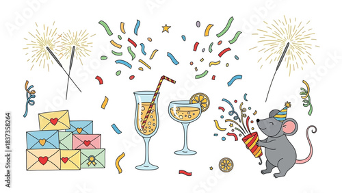 Festive Assemblage: An artistic arrangement that captures the essence of celebration, featuring an array of celebratory elements that evoke a sense of joy and anticipation.