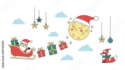 Festive Dreamscape: An animated, imaginative scene of Santa Claus gliding on his sleigh, delivering presents, beneath a whimsical sky. The moon wears a Santa hat.
