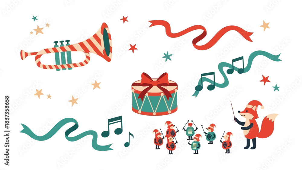 Fototapeta premium Festive Musical Arrangement: A whimsical illustration showcases a joyous holiday scene with a vibrant trumpet, playful ribbon, and a charming ensemble of musical instruments.
