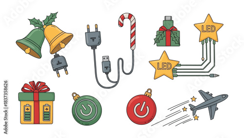 Christmas Technology: Festive ornaments and gadgets converge, showcasing a blend of holiday cheer and tech innovation. A unique composition of bells, candy cane, ornaments.