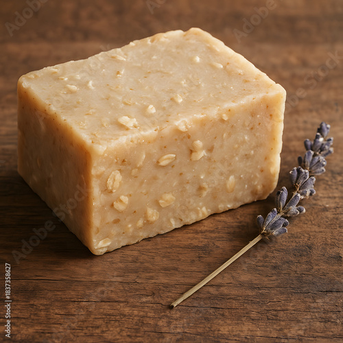 Rustic Handmade Oatmeal Soap Block with Lavender on Wood Zero Waste AI Generated