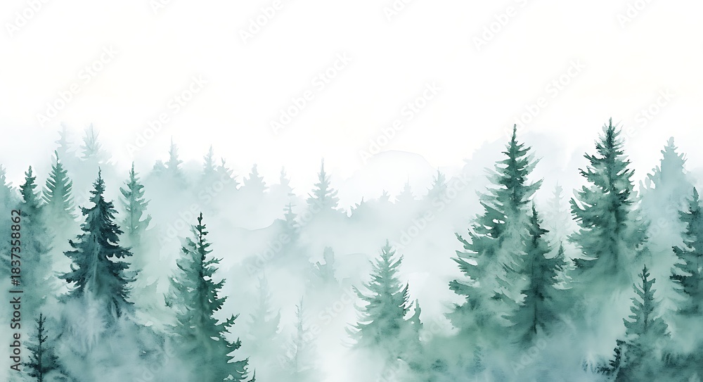 Obraz premium Misty Watercolor Pine Forest Landscape