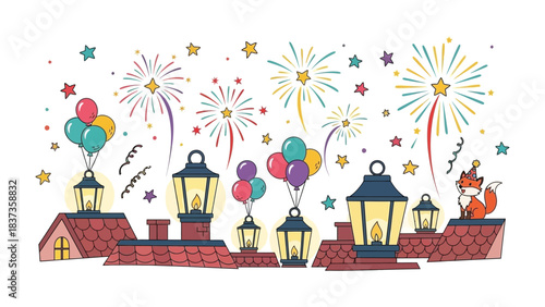 Festive Rooftop Celebration: A whimsical illustration depicts a joyous scene on rooftops, adorned with colorful balloons, fireworks, festive lamps, stars, and streamers, celebrating a lively event.