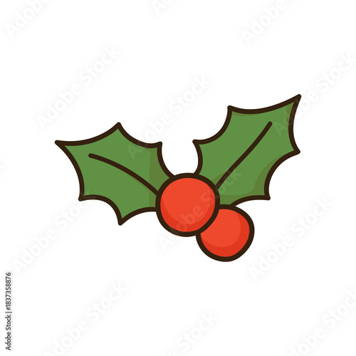 Holly leaves and berries cute Christmas cartoon illustration