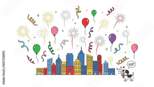 Festive City Celebration: A vibrant illustration depicts a cityscape illuminated by fireworks, balloons, and confetti. A small dog, celebrating with a pop! adds a touch of playful fun.