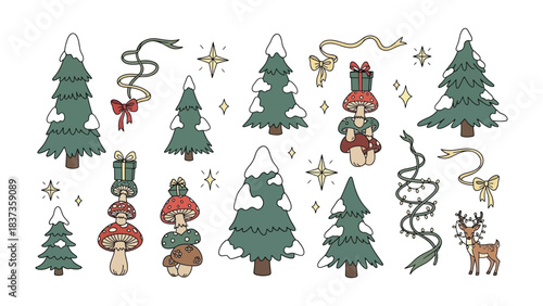 Whimsical Christmas Illustration: A festive collection of hand-drawn Christmas trees, adorned with gifts, ribbons, and twinkling stars, capturing the enchantment of the holiday spirit.