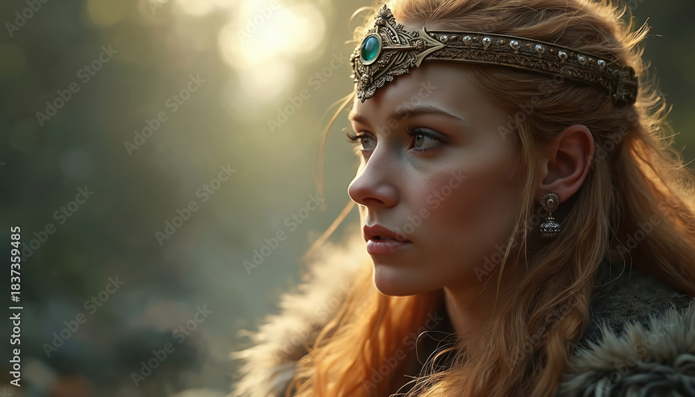 Obraz premium Portrait of Norse goddess Freyja with jewelry. Woman wears crown and earrings. Freyja stands in forest with fur coat. Fantasy character concept for mythical nordic culture and viking history era.