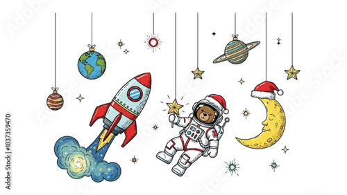 Astronaut Bear's Cosmic Celebration: An astronaut bear with a santa hat joyfully floats among festive space-themed ornaments, including a rocket ship, planets, and stars. It's a whimsical.