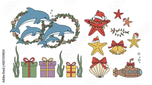 Christmas Undersea Wonderland: Whimsical sea creatures dressed for the festive season swim amidst a collection of holiday decorations, perfect for spreading holiday cheer.