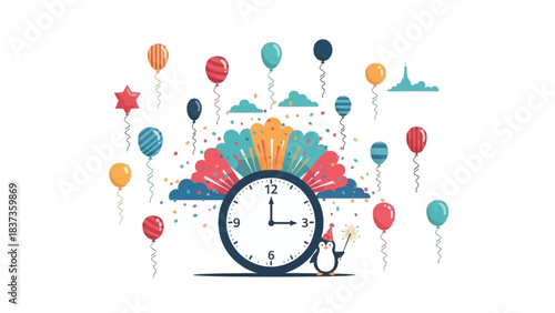 New Year Celebration: An illustration of a clock, surrounded by vibrant balloons and confetti, signifying the anticipation and joy of a fresh start, against a cheerful backdrop.
