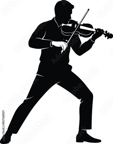 Silhouette of violinist in dramatic pose, playing violin, black outline, classical music, expressive movement, concert performance, artistic stance, isolated figure, cultural icon
