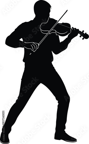 Silhouette of violinist in dynamic pose, playing instrument, black outline, musical performance, artistic stance, classical music, isolated figure, expressive motion, concert vibe