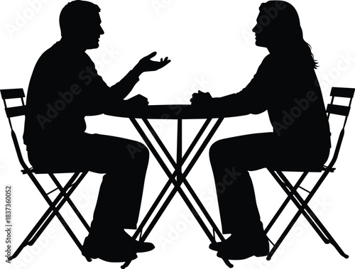 Silhouette of two people sitting at table, conversation pose, black outline, folding chairs, casual meeting, communication scene, minimal vector art, social interaction