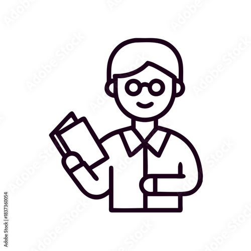 Teacher with glasses holding a book in a simple line art style  