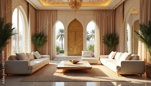 Luxurious Arabic style living room features grand ornate golden door, rich ceiling decor. Modern sofas, coffee table, green plants fill elegant, inviting space. Sunlight streams through arched