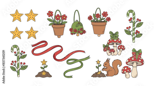 Whimsical Festive Ornament Display: A cheerful assortment of Christmas-themed ornaments, including stars, flowers, and candy canes, ready to bring festive cheer to your holiday celebration.